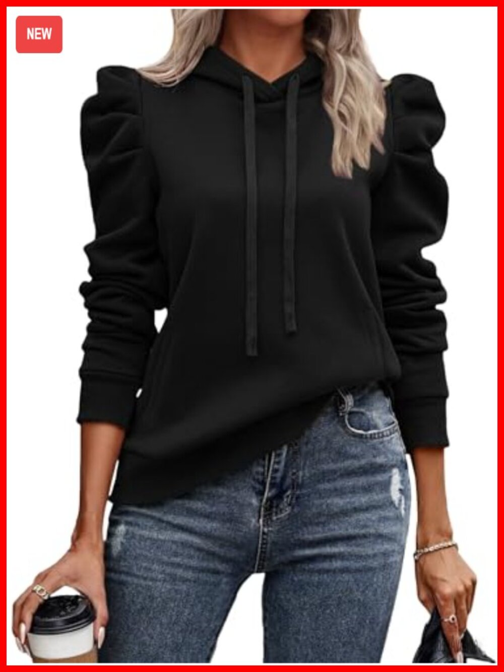 UEAL Puff Sleeve Drawstring Hooded Sweatshirt Pullover